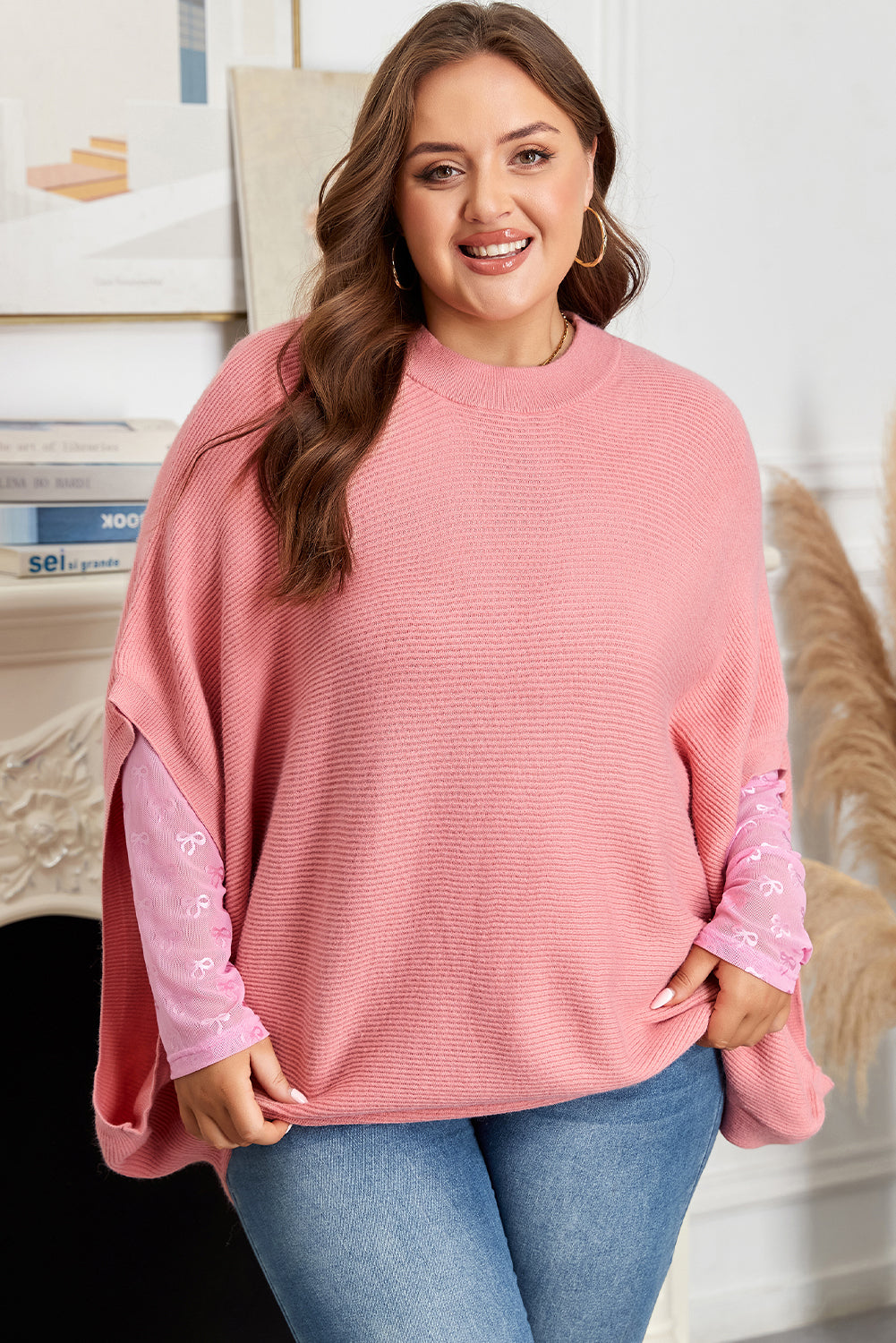 Light Pink Ribbed Knit Poncho Style Sweater Plus Size Dear-Lover Dropshipping